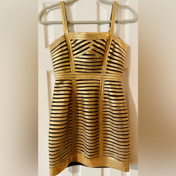 BCBGMaxAzria Dresses & Skirts - BCBGMaxAzria Gold and Black Striped Mini Dress